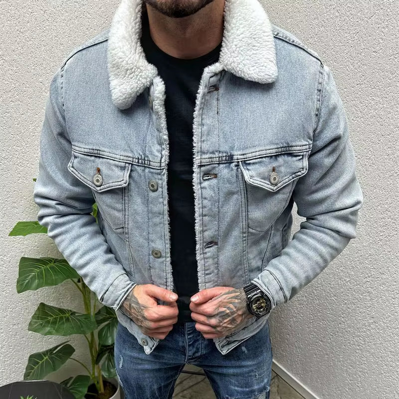 Vintage Mens Denim Jacket Streetwear Fashion Ripped Turn-Down Collar Wool Jean Jackets Men Clothes Spring Trendy Denim Outerwear