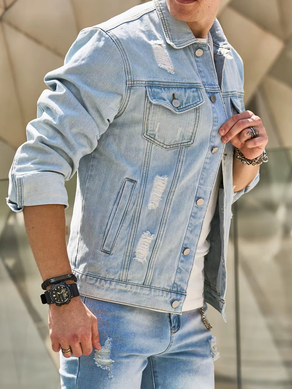Fashion Streetwear Men Ripped Slim Denim Jacket Male High Quality Distressed Casual Jean Jacket Coat