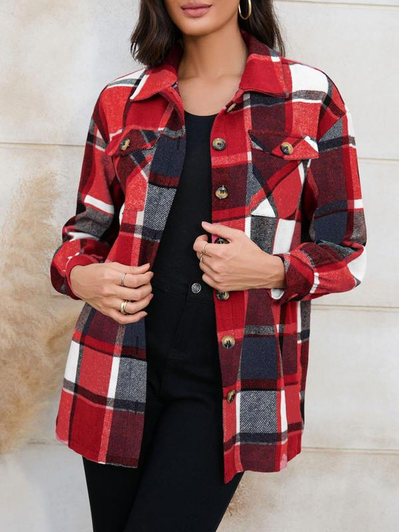 Women'S Plaid Print Button Front Long Sleeve Shirt Coat, Preppy Trendy Casual Chic Comfort Collar Coat for Daily School Outdoor, Lady Clothing for Spring Fall, Summer Outerwear, Womenswear