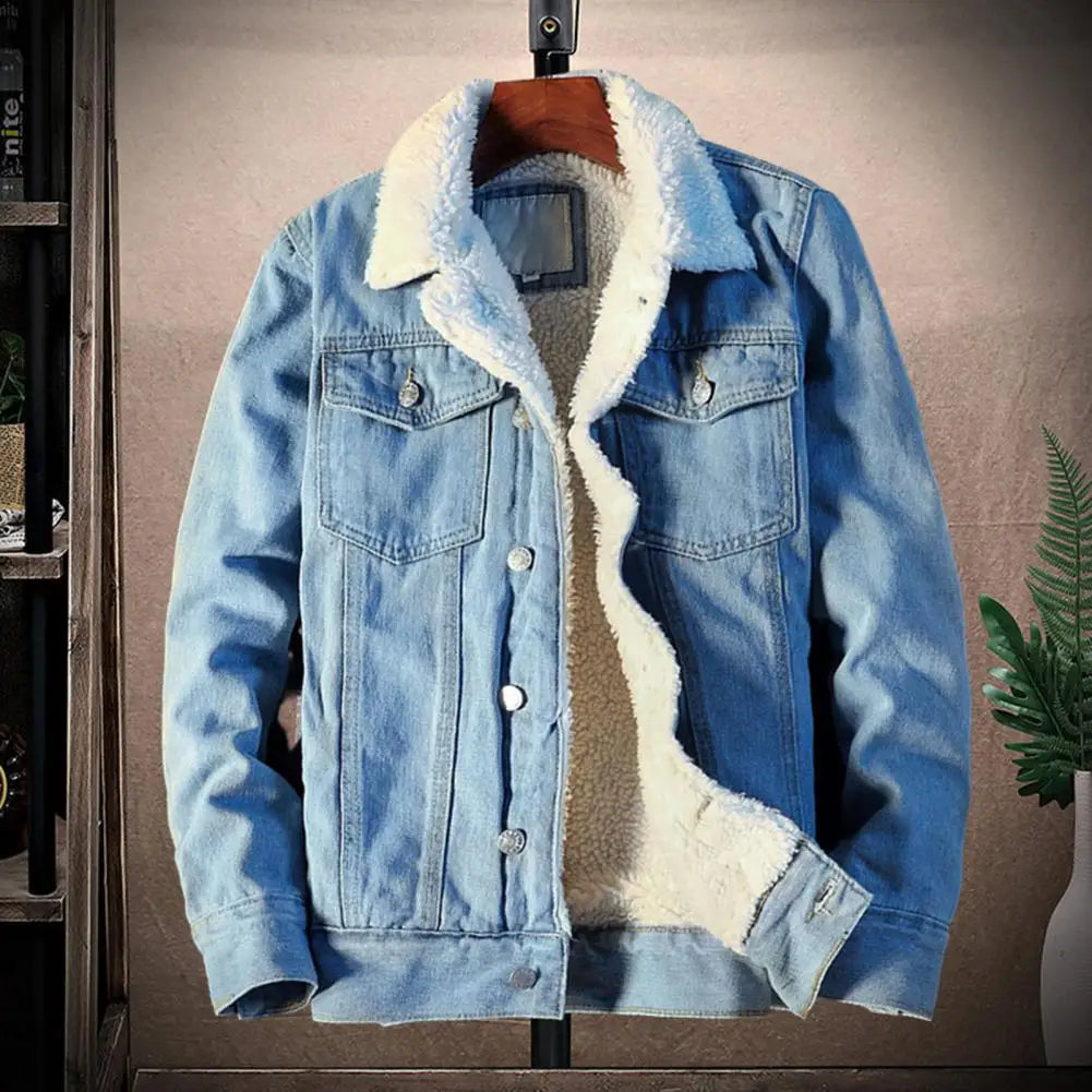 Super Soft Popular Lapel Buttons Jean Jacket Winter Men Jean Outerwear Solid Color for Office