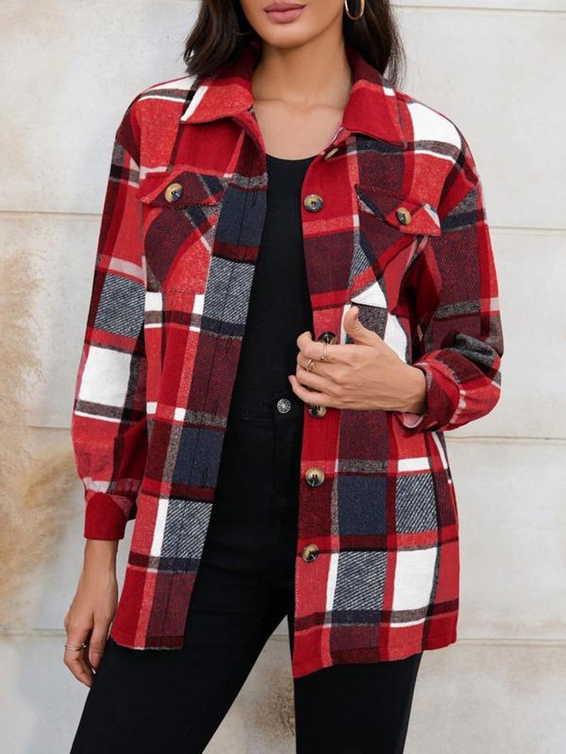 Women'S Plaid Print Button Front Long Sleeve Shirt Coat, Preppy Trendy Casual Chic Comfort Collar Coat for Daily School Outdoor, Lady Clothing for Spring Fall, Summer Outerwear, Womenswear