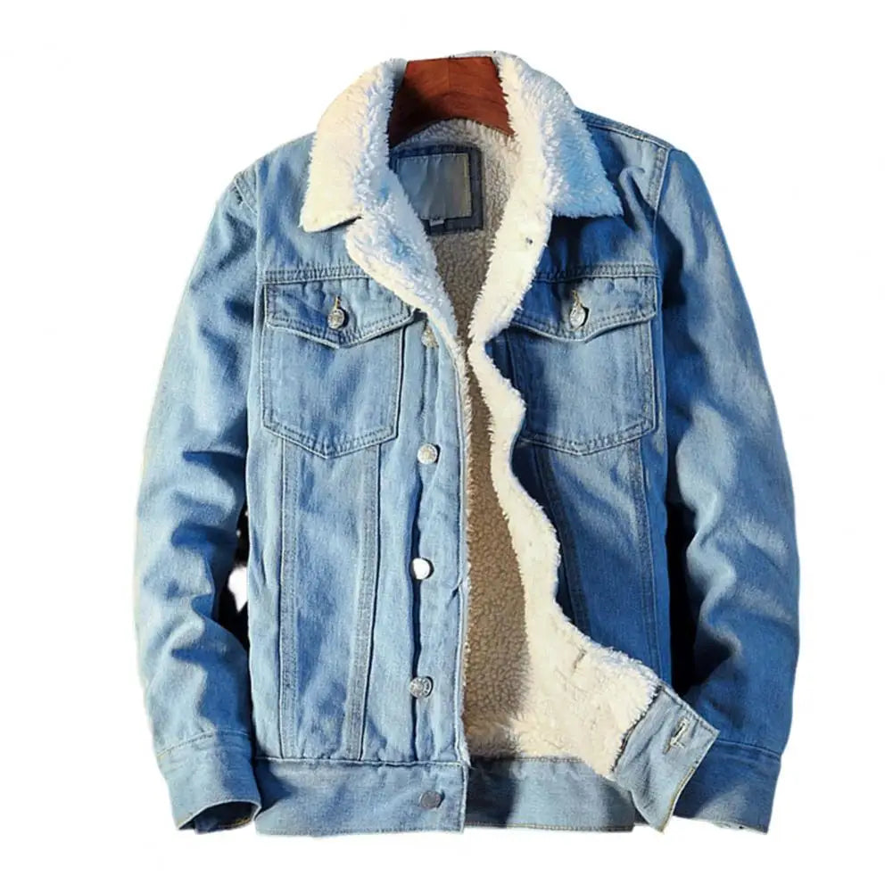 Super Soft Popular Lapel Buttons Jean Jacket Winter Men Jean Outerwear Solid Color for Office