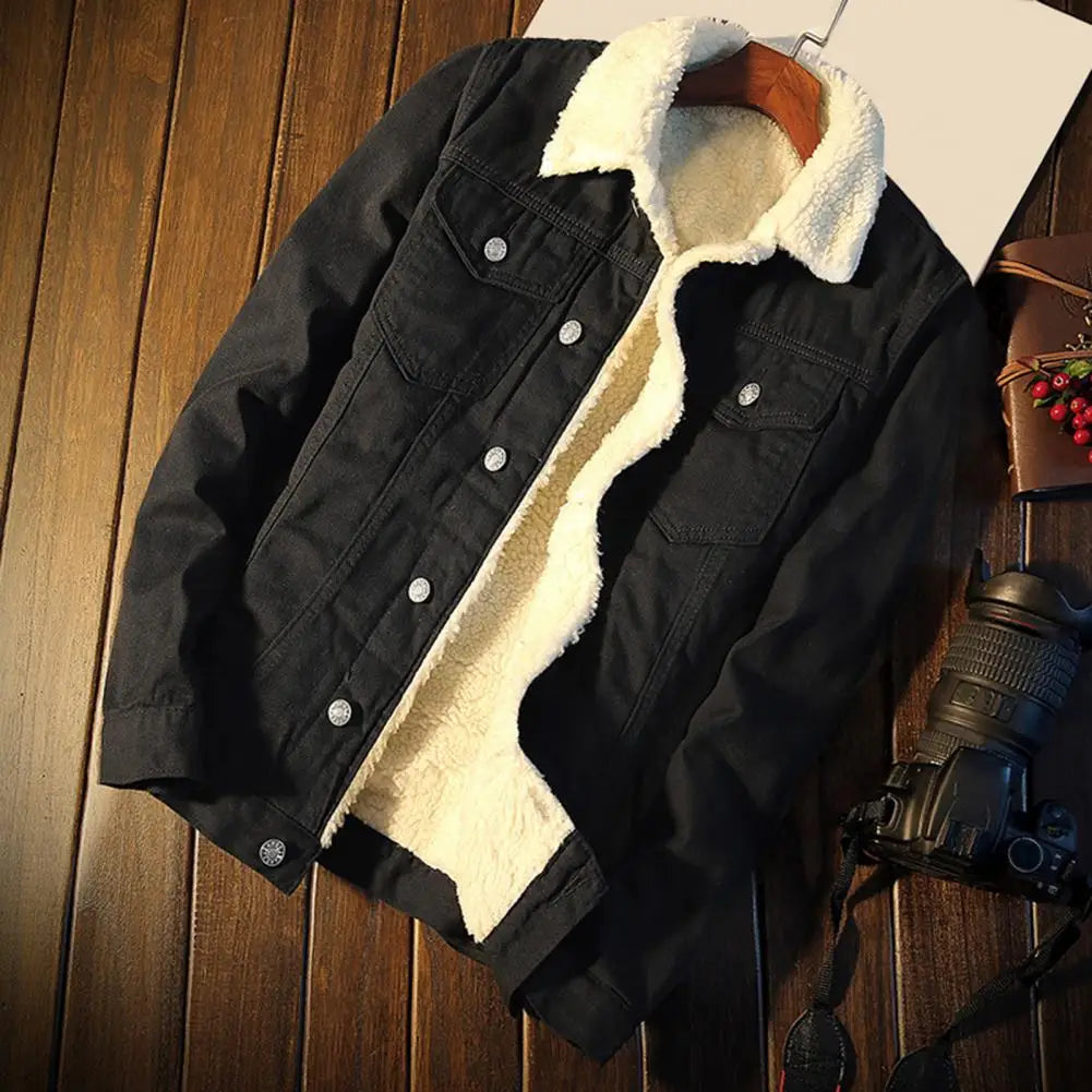 Super Soft Popular Lapel Buttons Jean Jacket Winter Men Jean Outerwear Solid Color for Office