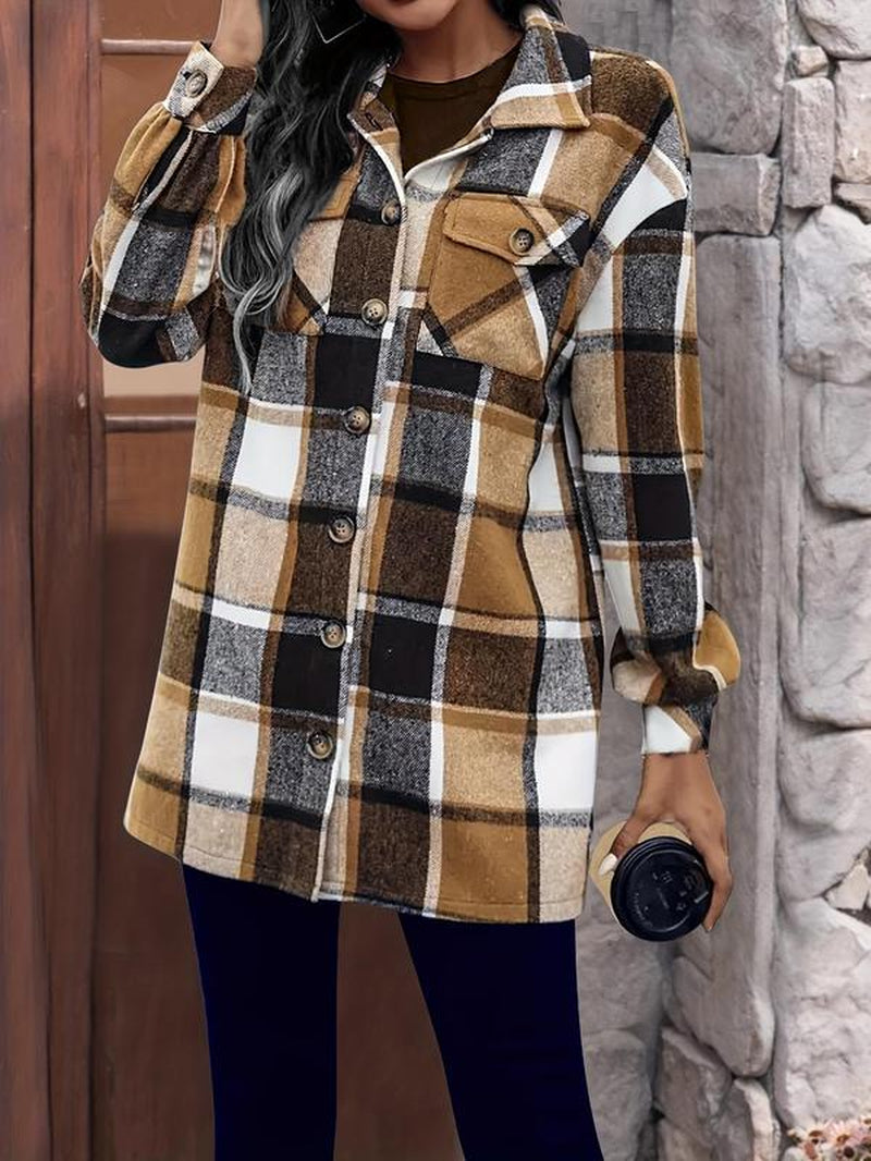 Women'S Plaid Print Button Front Long Sleeve Shirt Coat, Preppy Trendy Casual Chic Comfort Collar Coat for Daily School Outdoor, Lady Clothing for Spring Fall, Summer Outerwear, Womenswear