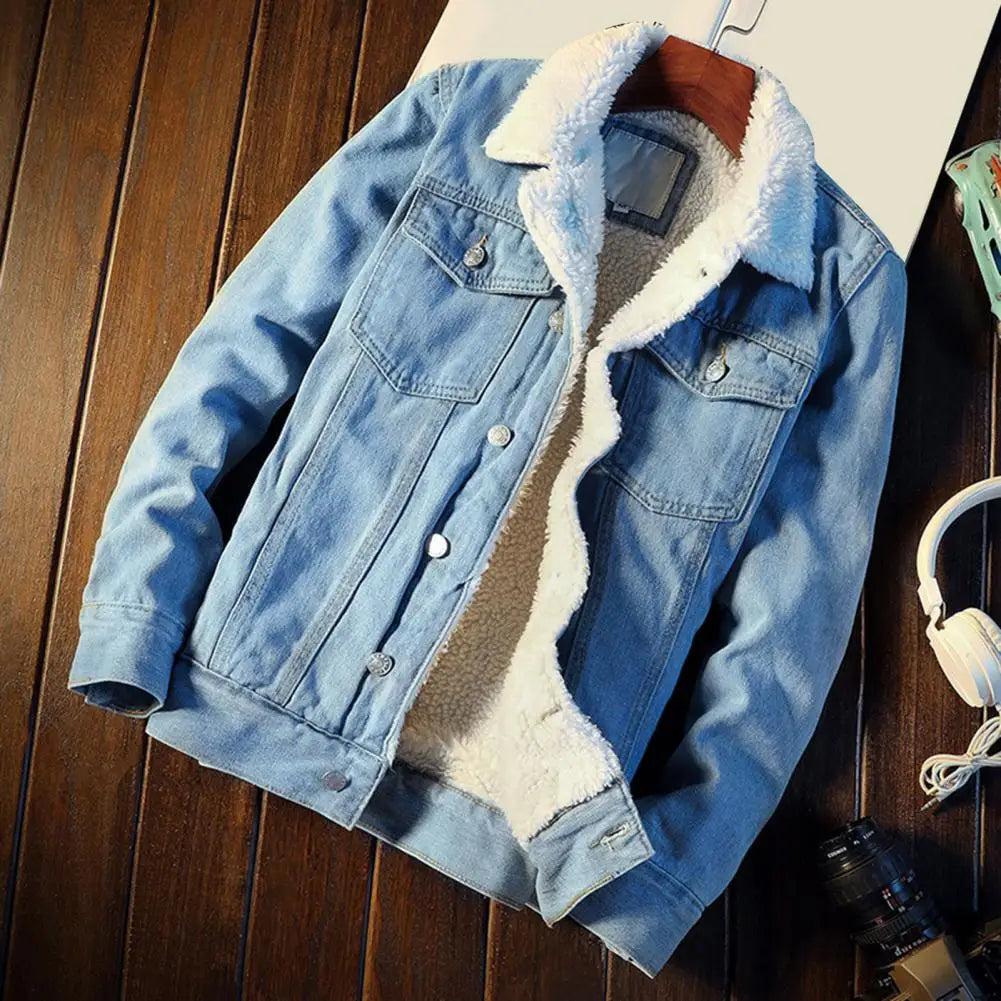 Super Soft Popular Lapel Buttons Jean Jacket Winter Men Jean Outerwear Solid Color for Office